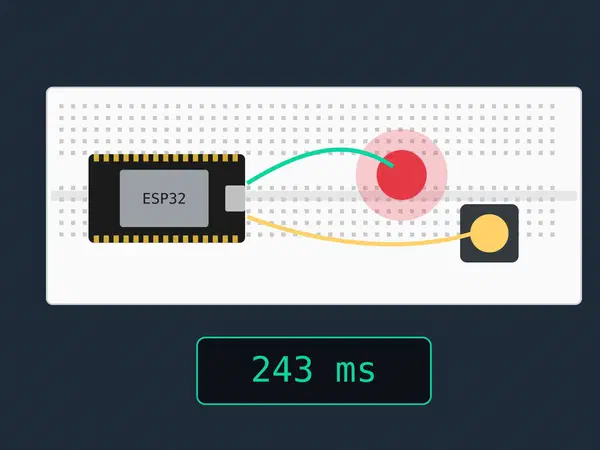 Mikrokrmilnik ESP32 na prototipni ploščici z rdečo lučko, rumeno tipko in prikazom 243 ms.